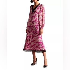 TED BAKER Pink + Black Leaf Print Lace Trim Dress S